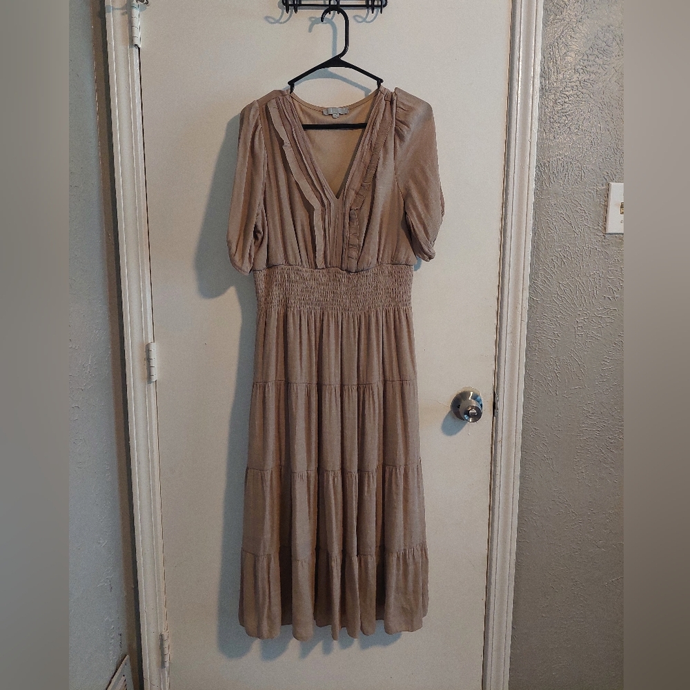Tan Pleated Midi Sundress with V-Neck